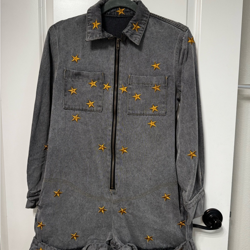 Gray Denim Jumpsuit with Star Accents